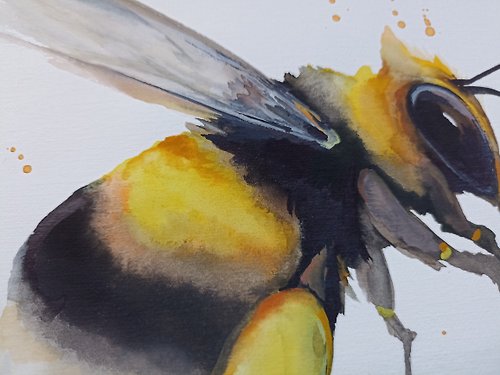 Watercolor original bumblebee room decor bee painting art by Anne