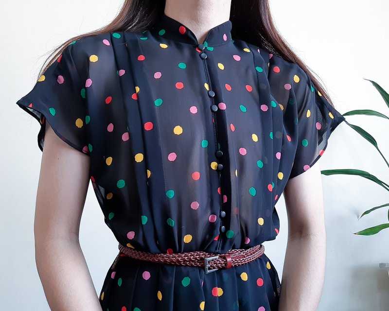 Vintage 70s 80s Polka Dots Dress High Neck Collar Polka Dots Chiffon Day Dress - One Piece Dresses - Polyester Multicolor