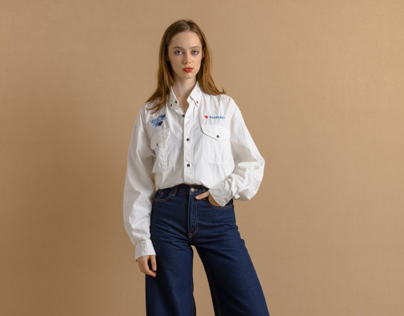 Team Suzuki Racing Vintage Embroidered logos Button Long Sleeve White Shirt 7446 - 帽T/大學T - 棉．麻 白色