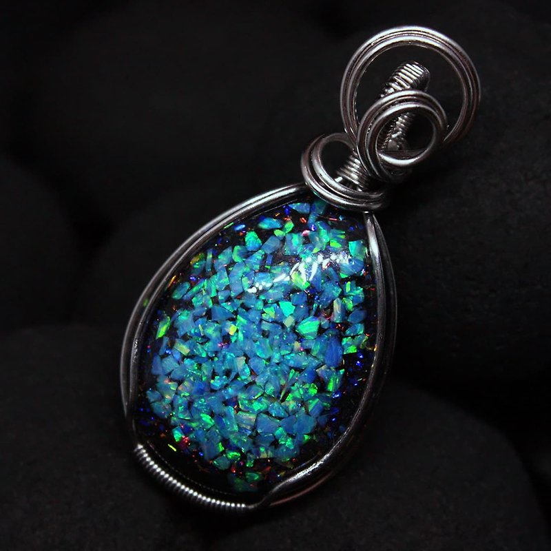 Resin Necklaces Blue - Teardrop blue opal pendant. Lab opals and stainless steel wire. Mosaic Opal