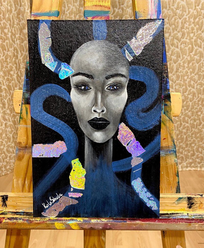 Black woman Bio robot goddess. Modern, abstract Greek mythology art. - โปสเตอร์ - ลินิน สีน้ำเงิน