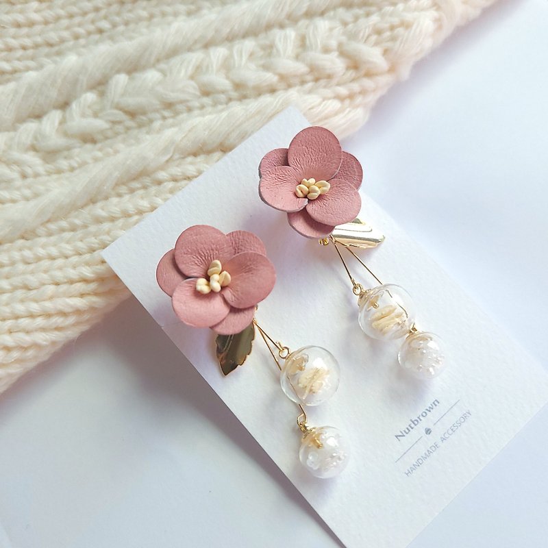 Leather Series-Honey Jar Leather Flower Earrings/ Clip-On - Earrings & Clip-ons - Genuine Leather Pink
