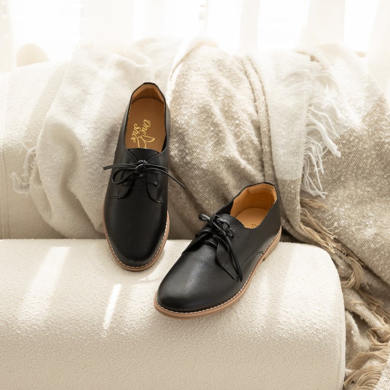 | New arrivals for autumn and winter, wedding wear | Lofn low-heeled derby shoes black with two-tone shoes - รองเท้าหนังผู้หญิง - หนังแท้ สีดำ