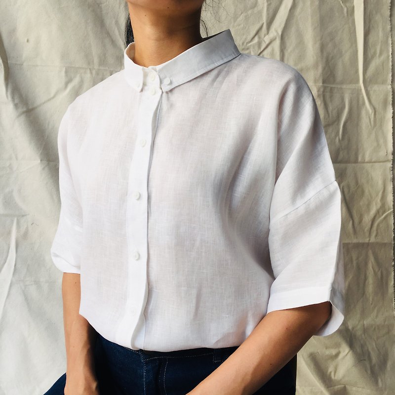 White Linen Short Sleeves Crop Shirt - 恤衫 - 棉．麻 白色