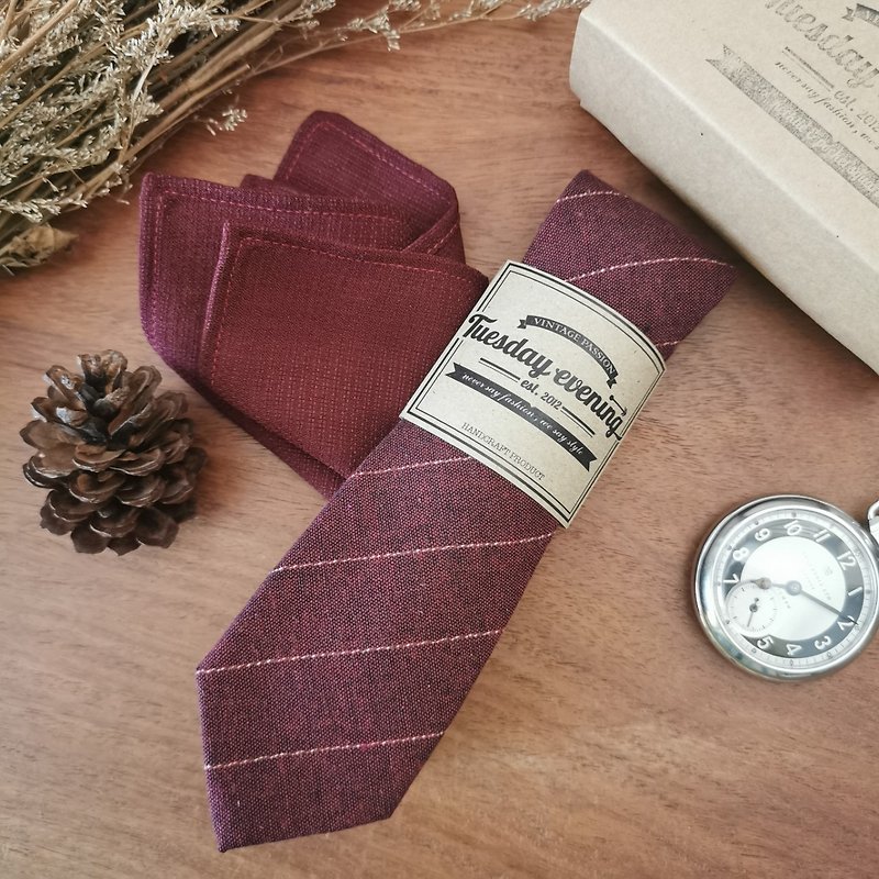 Tie Set - Necktie Red Wine Pencil Stripe with pocket square red texture - 領帶/領帶夾 - 棉．麻 紅色