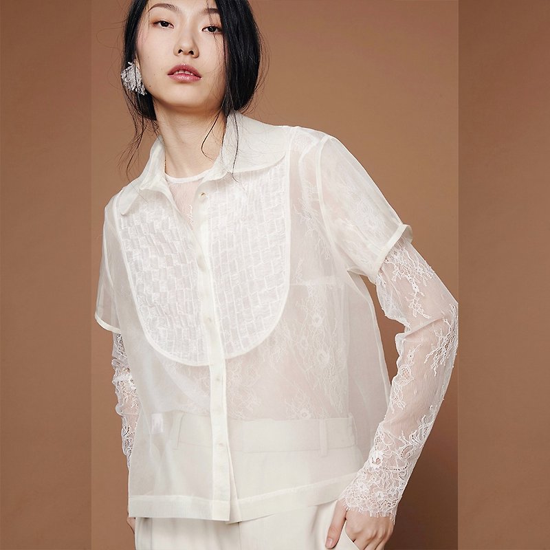 White Lace Long Sleeve Blouse - Women's Tops - Polyester 