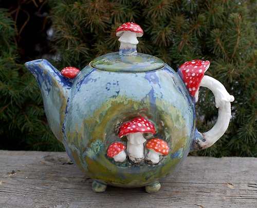 PorcelainShoppe 飛木耳藝術茶壺手工精美陶瓷茶壺蘑菇雕像明亮手繪童話茶壺收藏仙