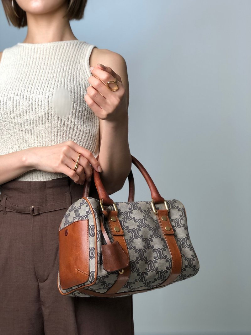 【 日本直送　名牌中古包 】CELINE セリーヌ マカダム ハンドバッグ グレー キャンバス レザー ミニボストン vintage  オールド 2rc5d2 - 手提包/手提袋 - 棉．麻 灰色
