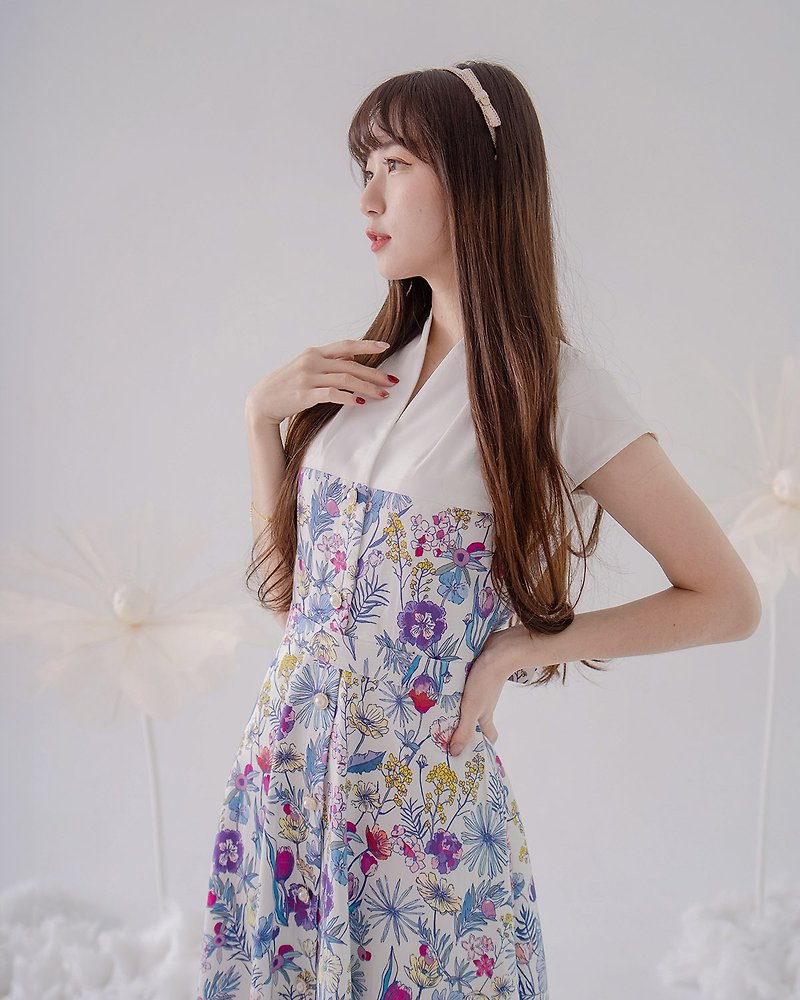 【日本千葉】60s優雅赫本風 復古領口洋裝 長裙 淡水色 - 連身裙 - 棉．麻 白色