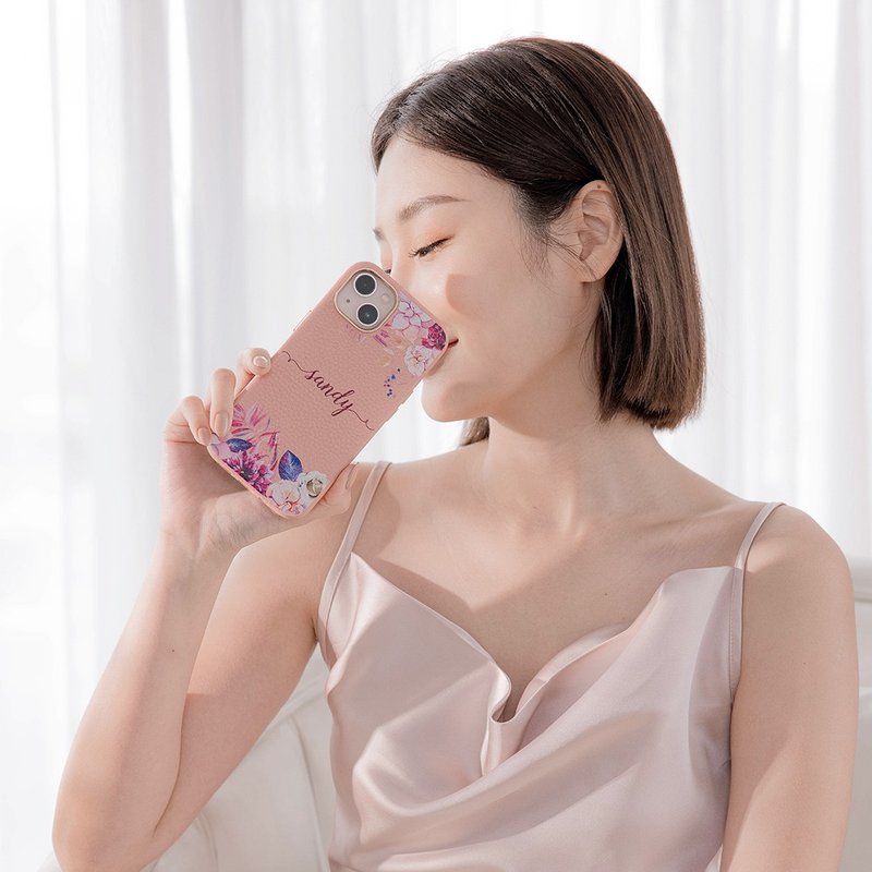 Peach Purple Jungle Honey Lily Shell Honey Lily Powder Natural Leather Shell- Customized iPhone Case - เคส/ซองมือถือ - หนังแท้ สึชมพู