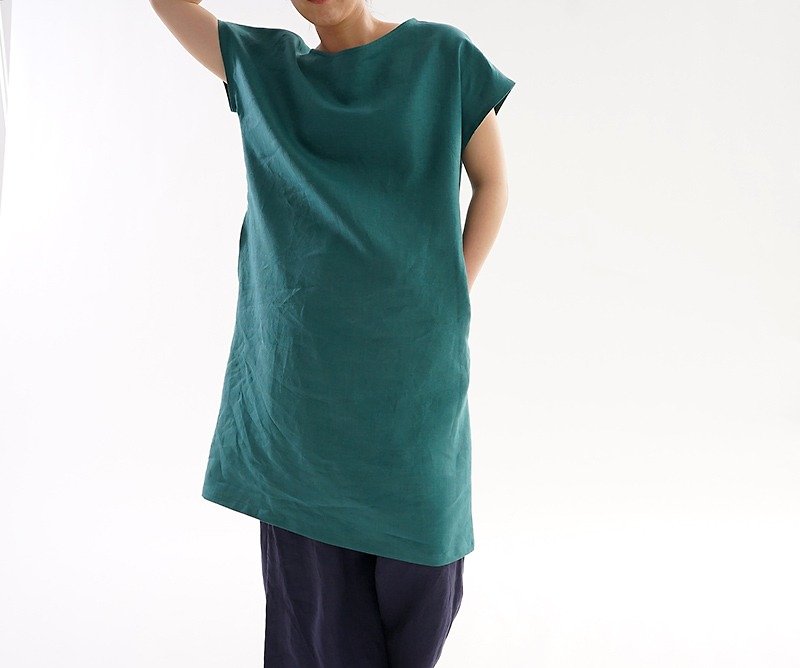 linen / linen dress / short sleeve / midi dress / green / a41-37 - One Piece Dresses - Cotton & Hemp Green