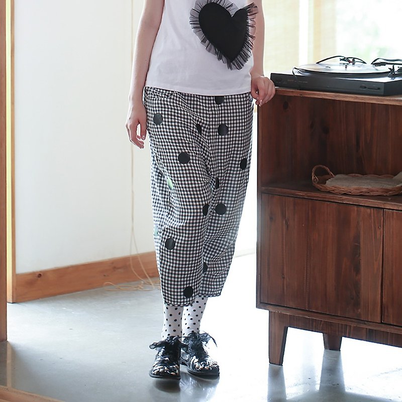 Black and white checkered casual pants low-cut pants - imakokoni - Women's Pants - Cotton & Hemp Gray
