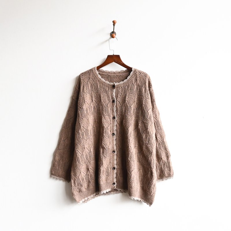 【蛋植物古著】牛奶可可織花開襟古著毛衣 - 女毛衣/針織衫 - 其他人造纖維 咖啡色