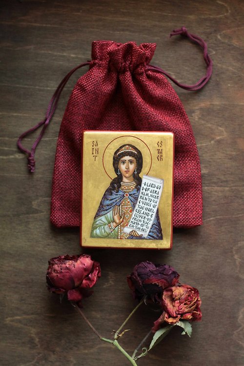 Orthodox small icons hand painted orthodox wood icon saint holy righteous Esther pocket size