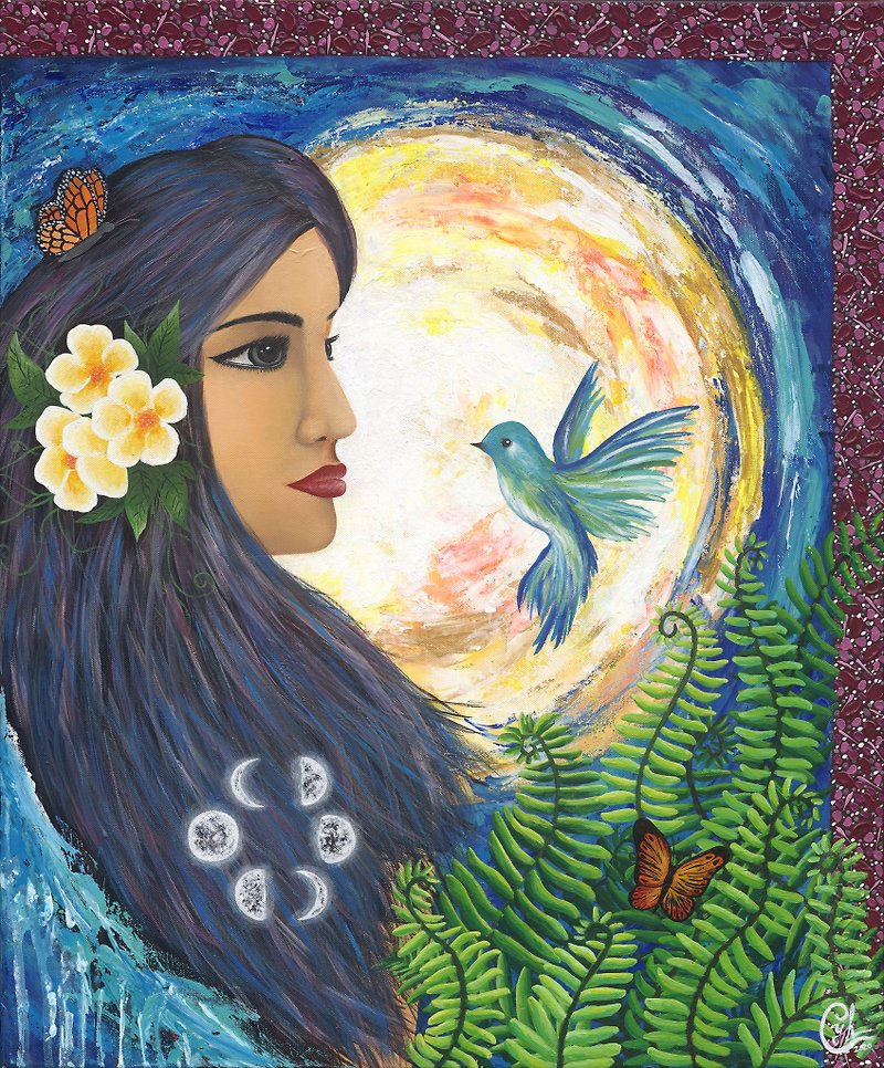 月亮女性繪畫－相遇在皎潔月夜時 - 掛牆畫/海報 - 棉．麻 多色