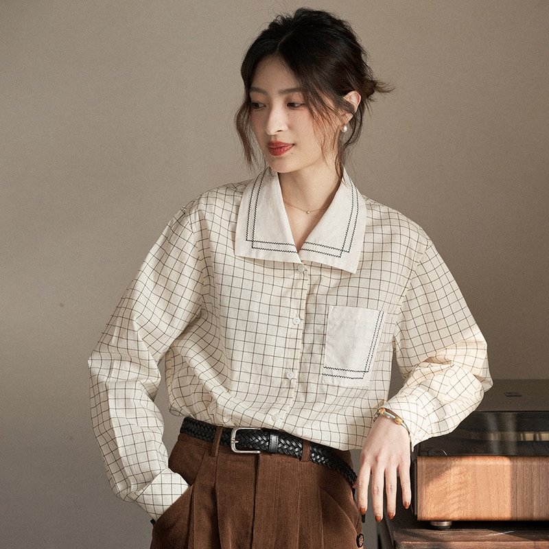 Plaid embroidered square collar shirt|shirt|spring style|Sora-1431 - Women's Shirts - Cotton & Hemp 