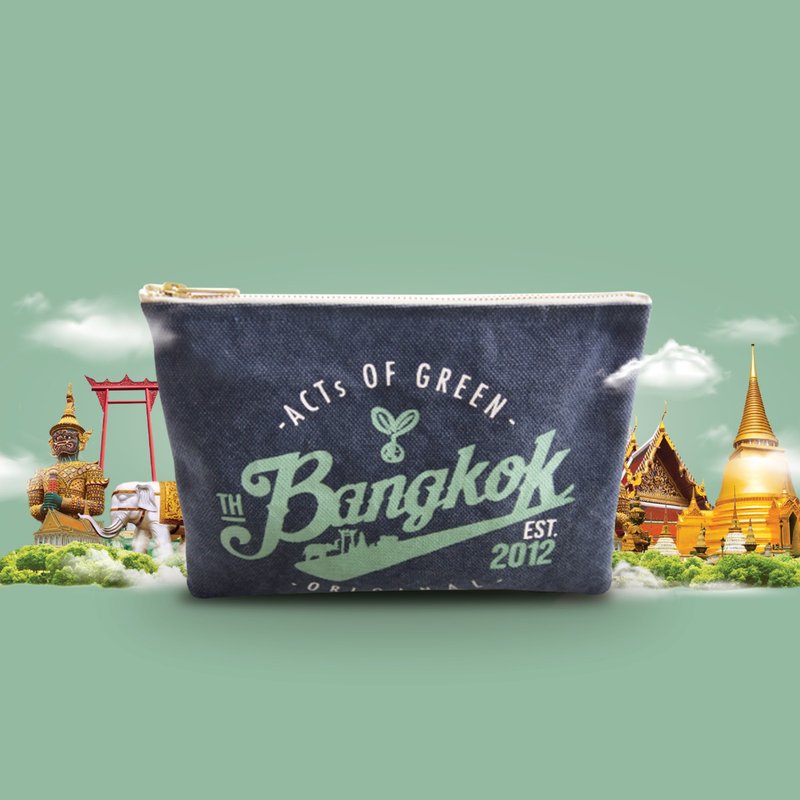 Pouch Bag - Bangkok ACTs Of Green (Dark Blue) - กระเป๋าเครื่องสำอาง - ผ้าฝ้าย/ผ้าลินิน สีน้ำเงิน