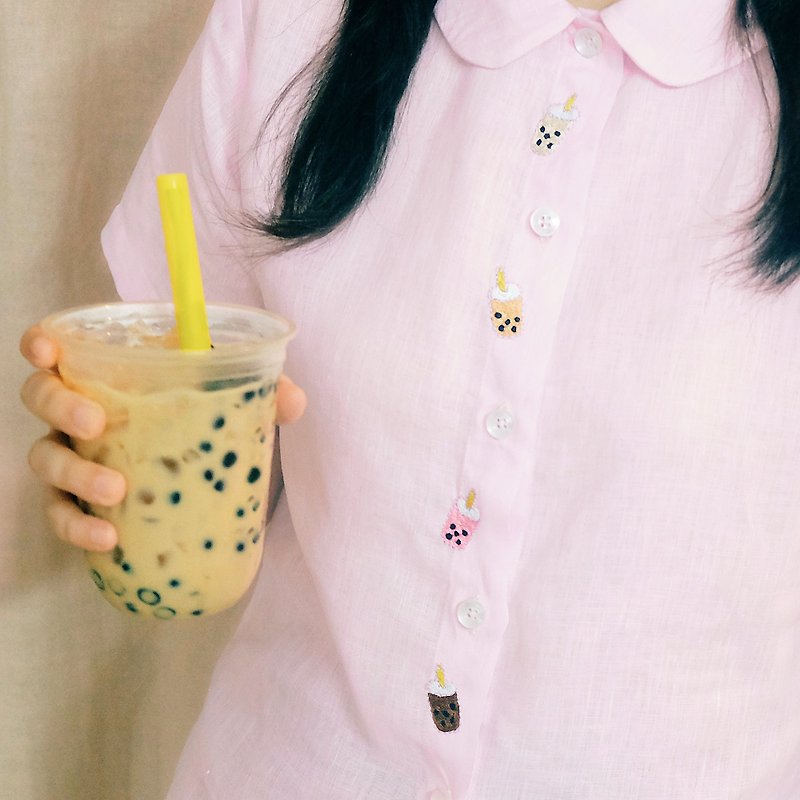 Bubble Tea Top - Light Pink Short Sleeves Linen Shirt
