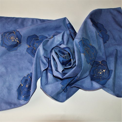 Enya Silk cotton blend scarf Hand painted scarf Indigo blue scarf wrap Floral scarves