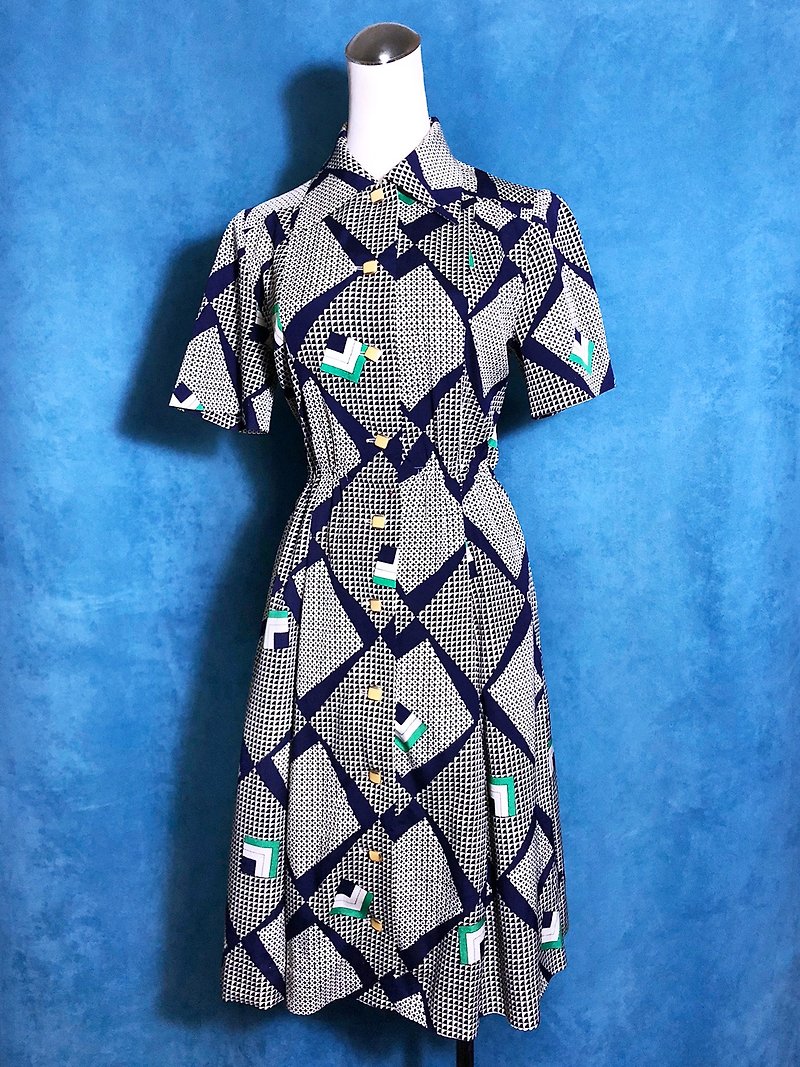 Vintage geometric check short-sleeved vintage dress / abroad brought back VINTAGE
