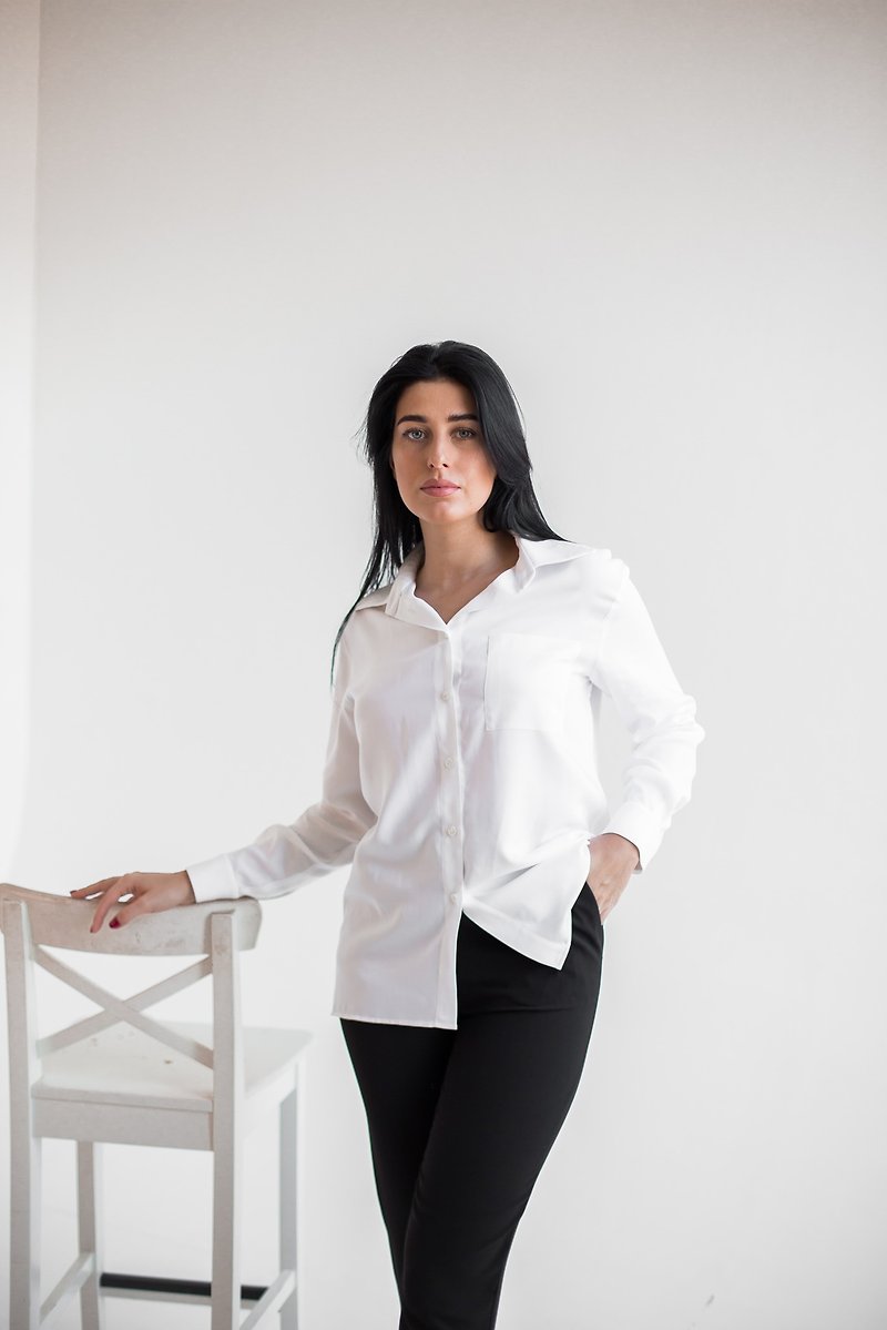 Women's white shirt with front pocket - Women's Shirts - Other Materials White