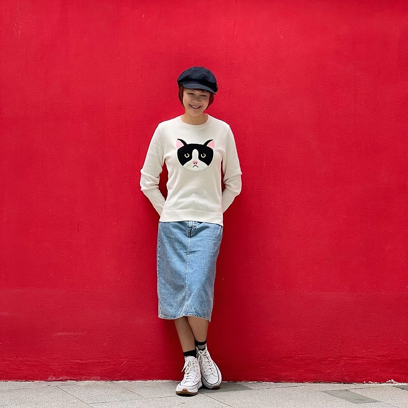 刺繍猫ニット綿100％トップスオリジナルデザインWenqingアーティストシリーズ - ニット・セーター - ウール ブラウン