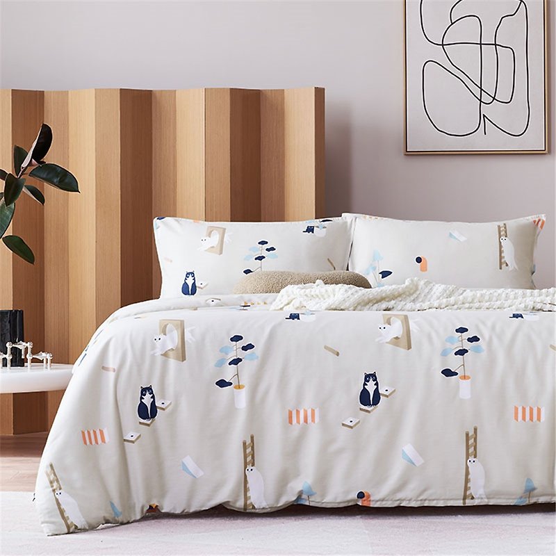 Lost Meow Pillowcase + Quilt Cover Two-piece Set Single Double Original Hand-painted Cat 40 Cotton Bed Bags Purchased Separately - Bedding - Cotton & Hemp Khaki