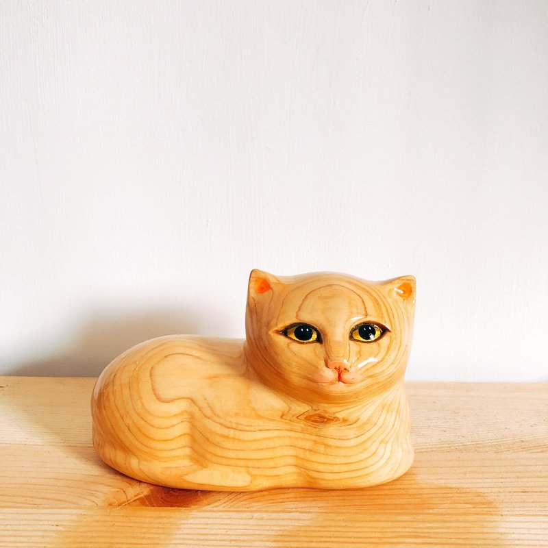 Wood Stuffed Dolls & Figurines Orange - Woodcarving cat daily sitting posture