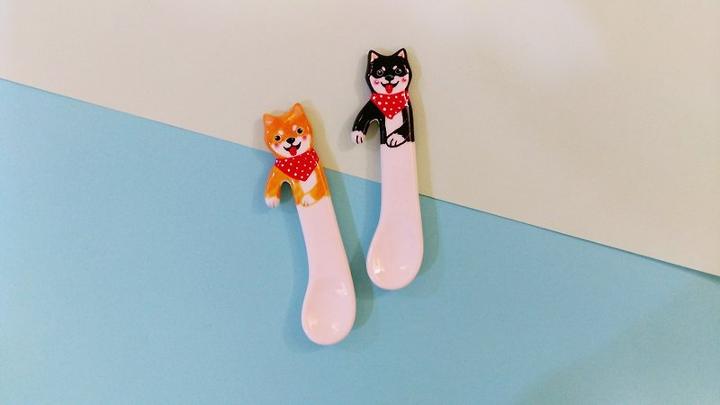 Valentine's Day gift preferred healing pancake face Shiba Inu hand-made lover group Magu magic spoon - Cutlery & Flatware - Porcelain Multicolor