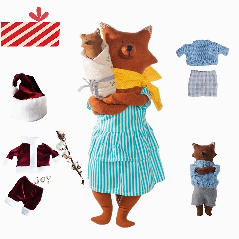 PK gifts|狐貍媽40cm&狐狸寶寶13cm&耶誕套裝&寶寶藍灰毛衣 - 玩偶/公仔 - 棉．麻 多色