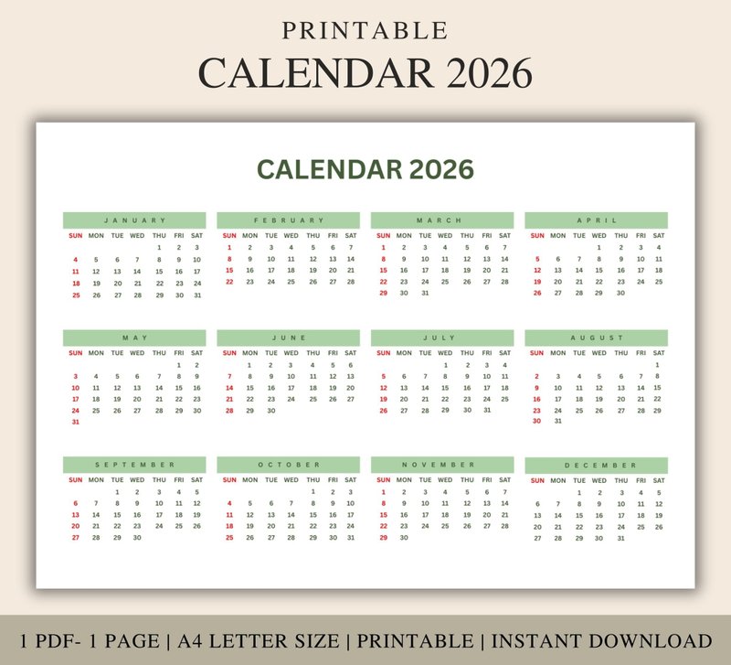 Minimalist 2026 Calendar: Simple A4 Printable (PDF Download) - 其他數位商品 - 其他材質 