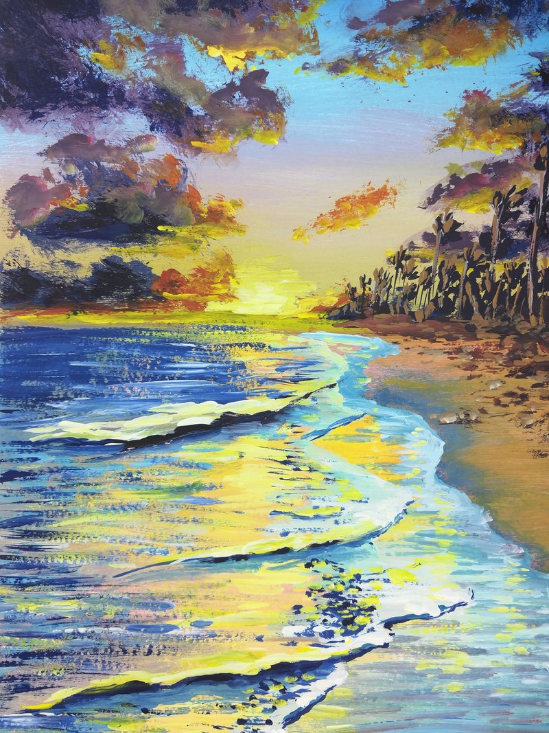 Acrylic Painting on paper Artwork Seascape sunset Original Design Sundown Art - 海報/掛畫/掛布 - 其他材質 
