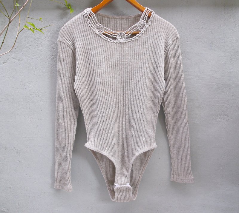 FOAK vintage Italian made hollow piece knit collar sweater - Women's Sweaters - Wool Khaki