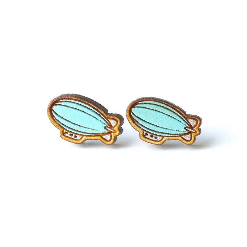 『TienTien』Painted wood earrings-Airship (blue) - Earrings & Clip-ons - Wood Blue