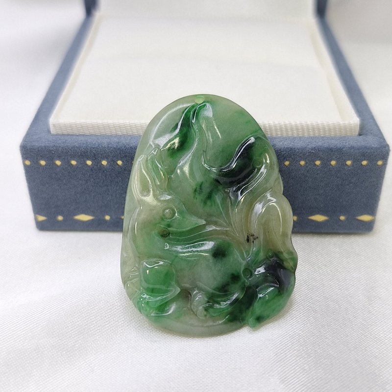 黃加綠 辣綠飄花 九尾狐 吊墜 | 天然緬甸玉A貨翡翠 - 項鍊 - 玉石 