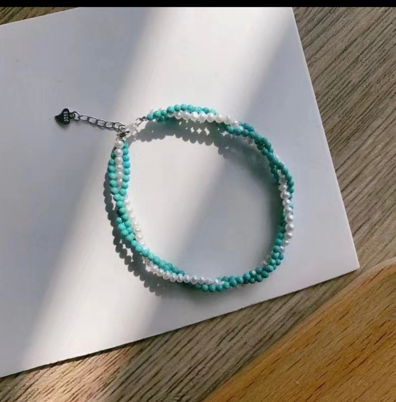 Natural turquoise natural pearl twist design multi-circle bracelet bracelet f - สร้อยข้อมือ - พืช/ดอกไม้ สีเขียว