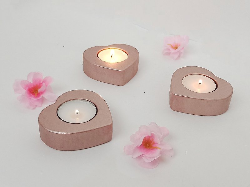 Rose Gold Heart Mini Tealight Candle Holder Valentine's Day Decor Romantic - Candles & Candle Holders - Wood Pink