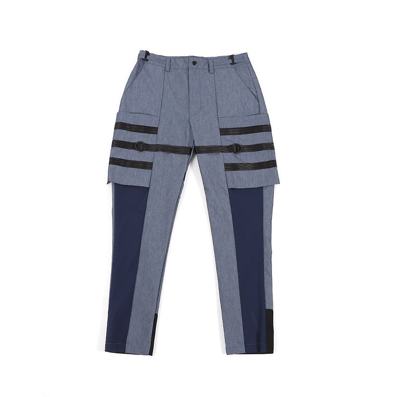 ผ้าฝ้าย/ผ้าลินิน กางเกงขายาว สีน้ำเงิน - Clash functional double trousers (light blue)