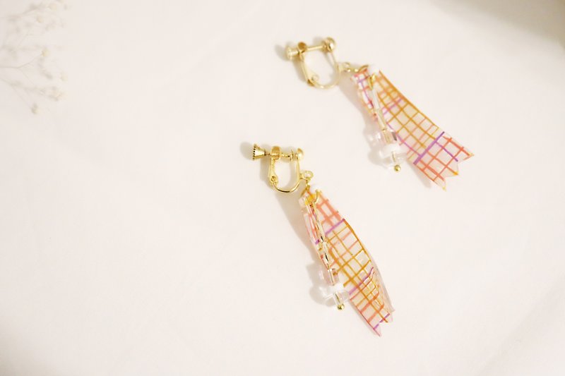 Plaid Rotating Paper Tape Crystal Glass Bead Clip-On/Ear Pin (Gold) - Earrings & Clip-ons - Resin Multicolor