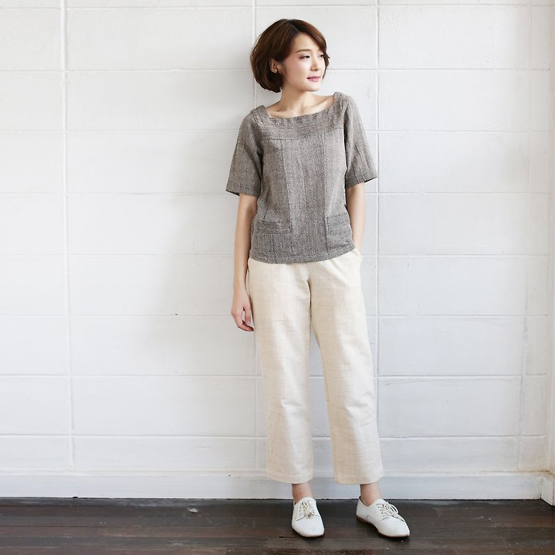 Square neck Short Sleeve blouses with Little Pockets Botanical Dyed Cotton Brown Color - Women's Tops - Cotton & Hemp 