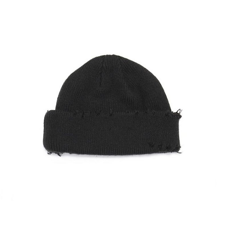 JANWONG VIII Partial destruction design woolen hat dark knit cold hat - Hats & Caps - Cotton & Hemp Black