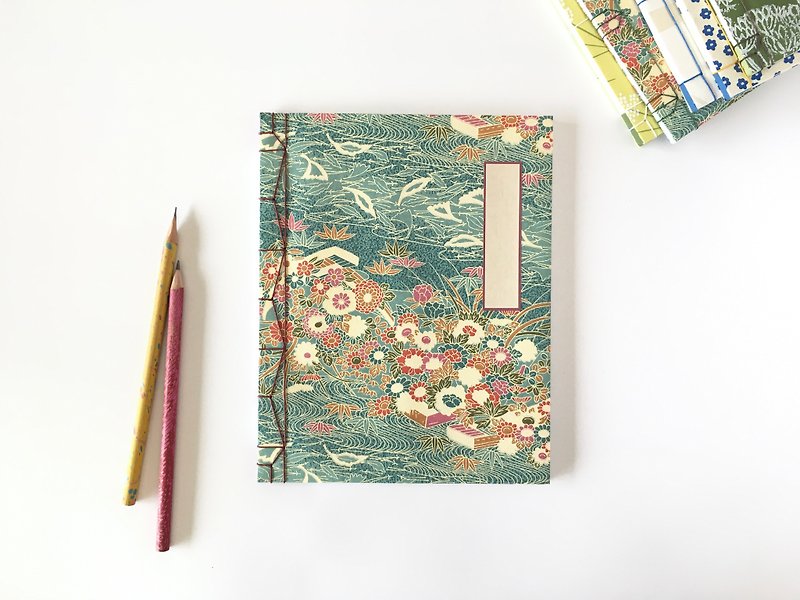 stab binding notebook, Chiyogami, hemp leaf sewing - สมุดบันทึก/สมุดปฏิทิน - กระดาษ สีเขียว