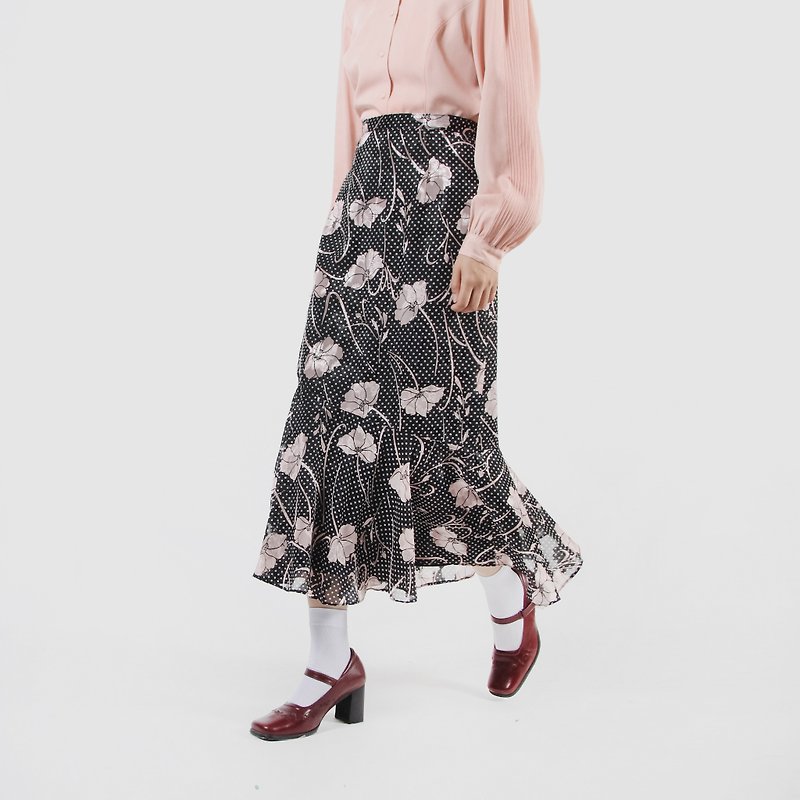 [Egg plant vintage] ink color flower print fishtail vintage dress - Skirts - Polyester Black
