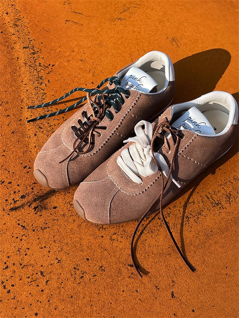 Khaki brown retro double laces Forrest Gump sneakers super soft sheepskin leather single shoes 35-39 - Women's Running Shoes - Genuine Leather Khaki