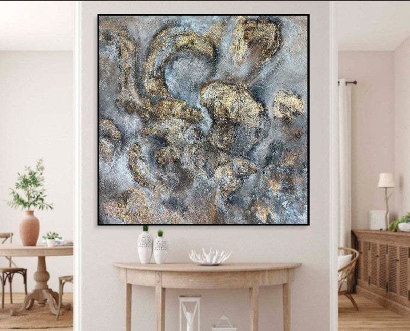 Abstract Modern Oil Art On Canvas Grey And Gold Acrylic Painting Original Oil - 壁貼/牆壁裝飾 - 壓克力 多色