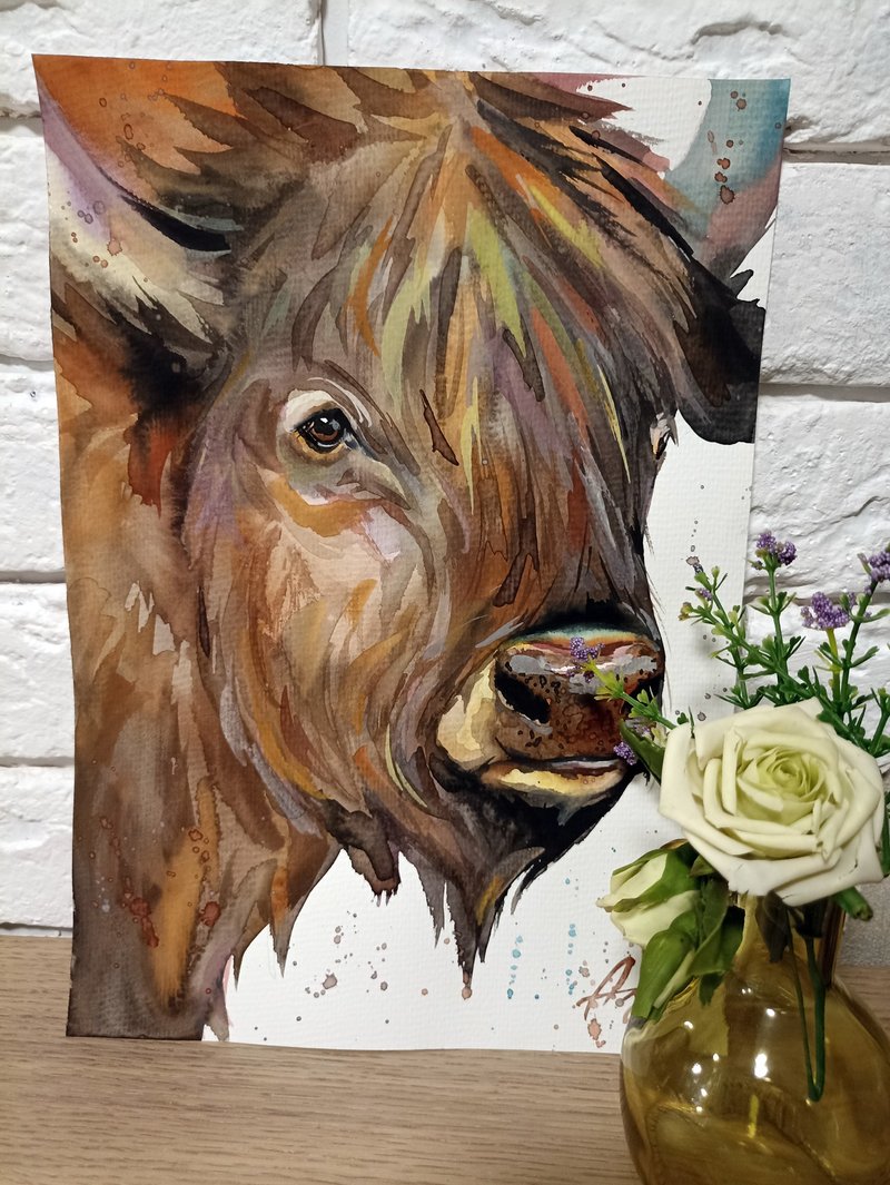 Watercolor original animal bizon cow room decor painting by Anne Gorywine - 壁貼/牆壁裝飾 - 紙 