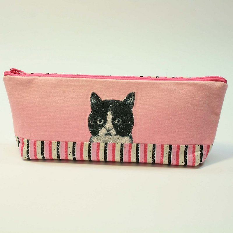 刺繡ペンバッグ13-黒と白の猫 - ペンケース・筆箱 - コットン・麻 ピンク