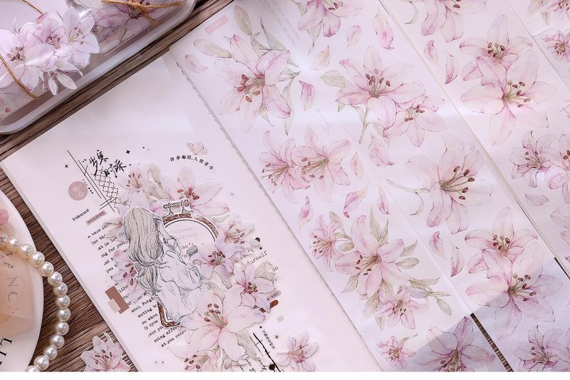 Pink lily light retro gentle pink flowers and paper tape PET handbook collage - มาสกิ้งเทป - วัสดุอื่นๆ หลากหลายสี