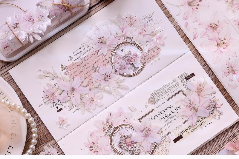 粉百合 輕復古溫柔粉花卉 和紙膠帶 PET 手帳拼貼 - 紙膠帶/和紙/PET - 其他材質 多色
