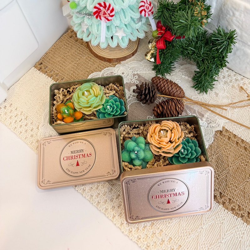 多肉植物型アロマキャンドル缶入りギフトボックス - キャンドル・燭台 - 蝋 